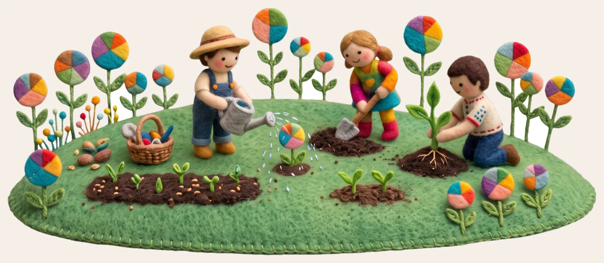 Felt illustration: three small figures planting seedlings and watering a pie-chart flower in a felt garden