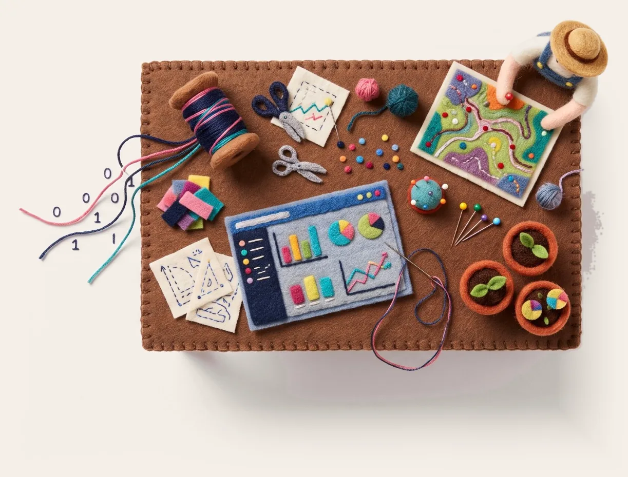 Felt illustration seen from above: a workbench with a spool of data thread, a stitched dashboard, seedlings in pots and a small figure pinning a map